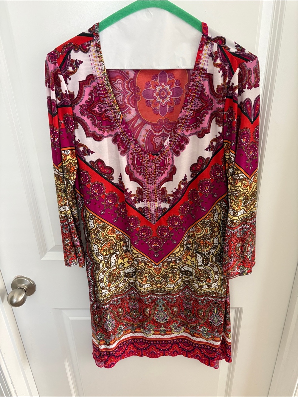 JM Collection Red Pink and Gold Paisley V-Neck Long Sleeve Dress